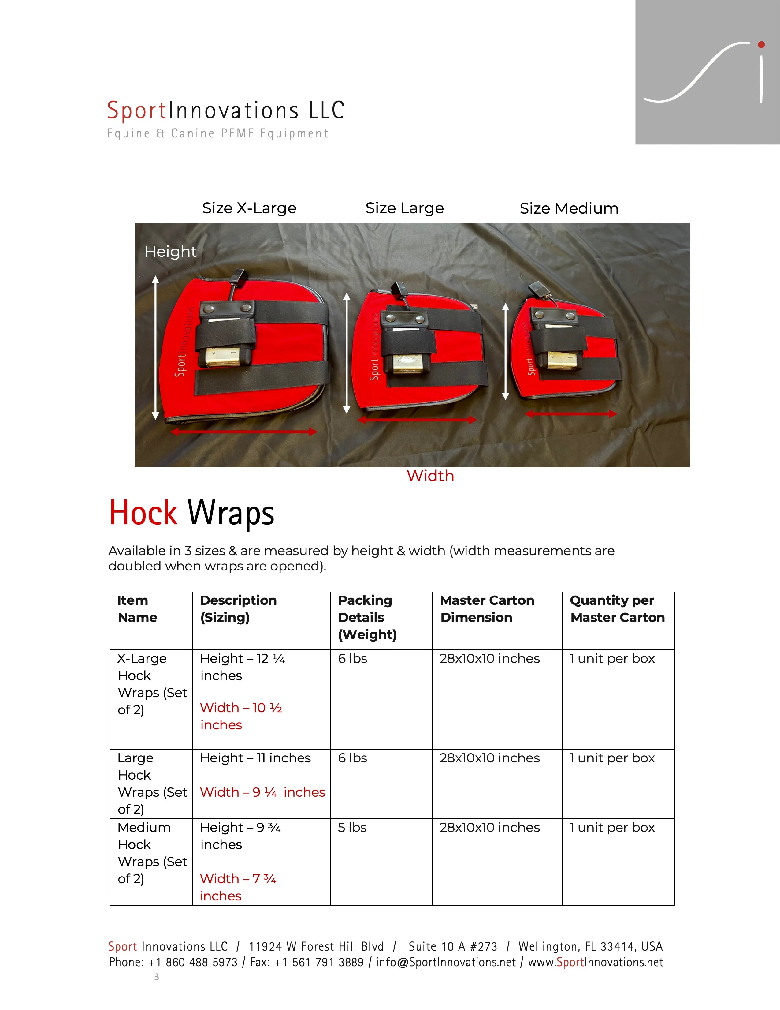 Hock Wraps size chart