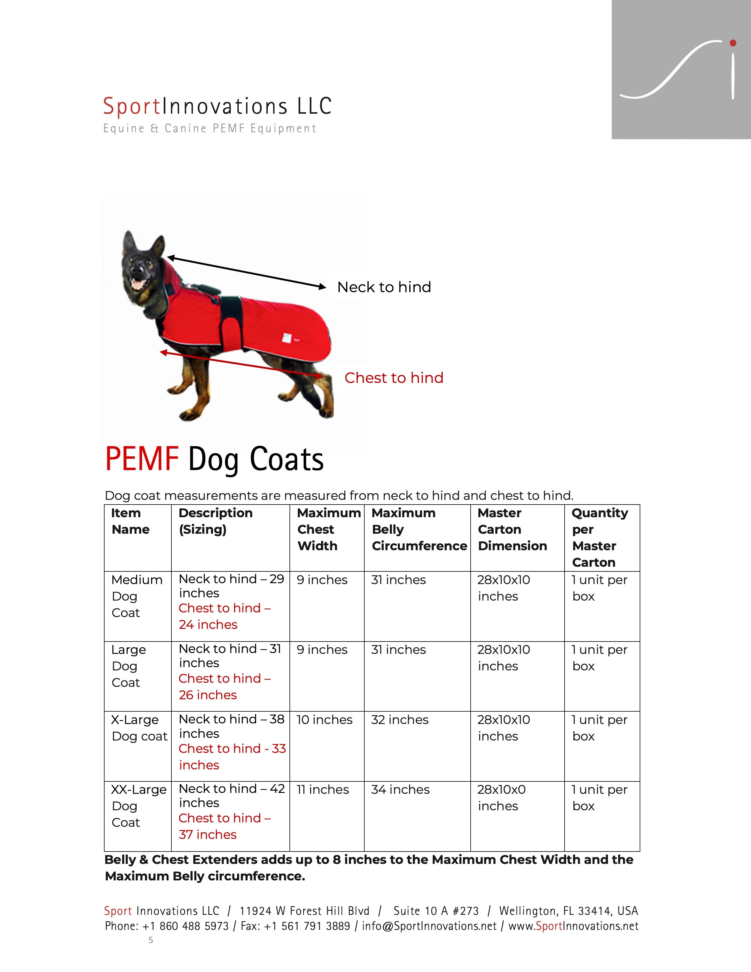 PEMF Dog Coat size chart