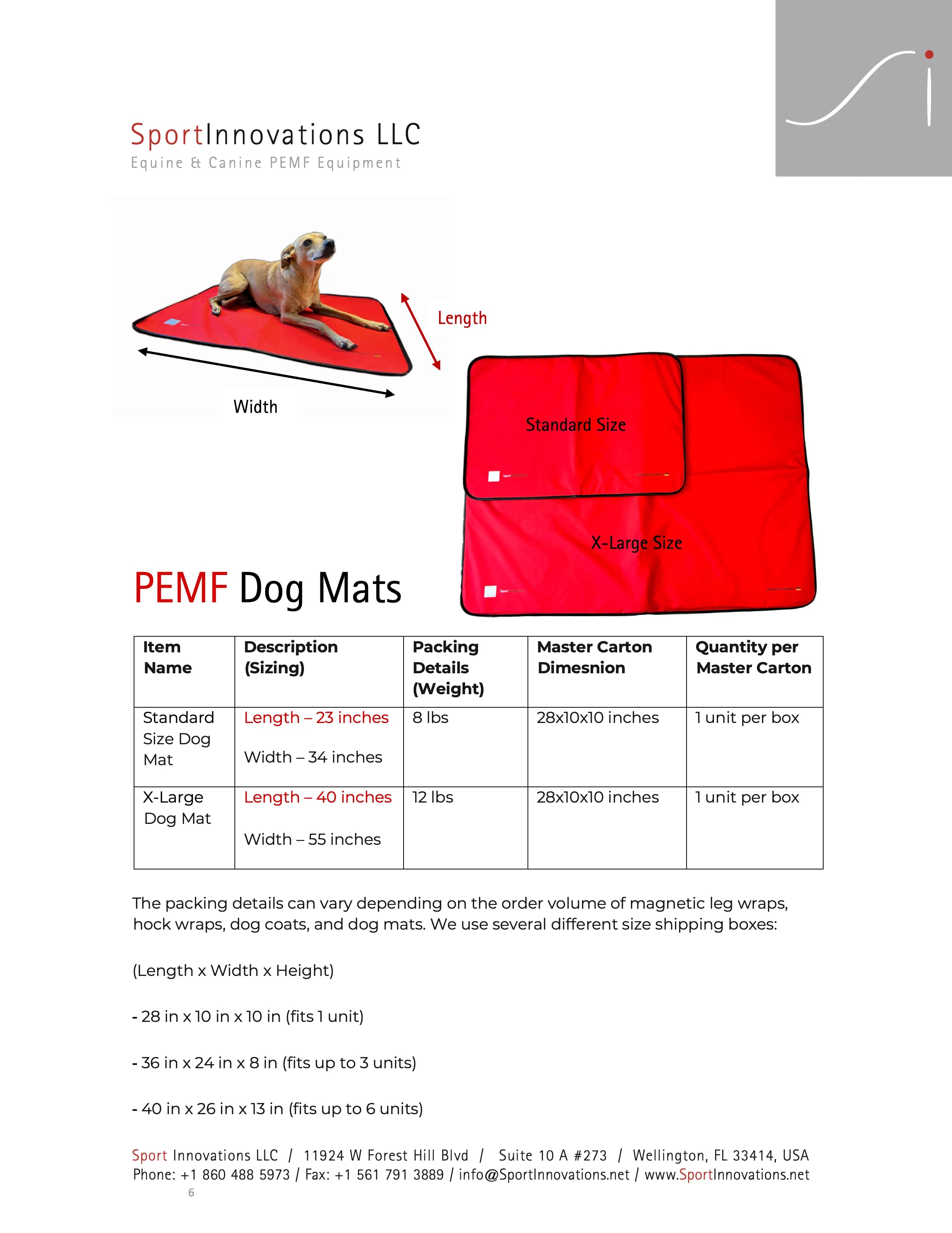 PEMF Dog Mats size chart