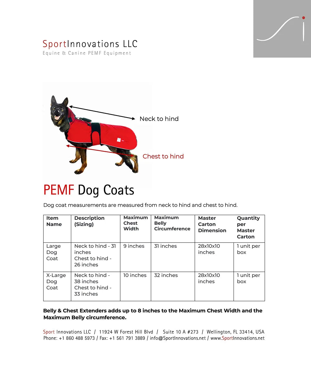 Tabla de tallas de PEMF Abrigo para perro